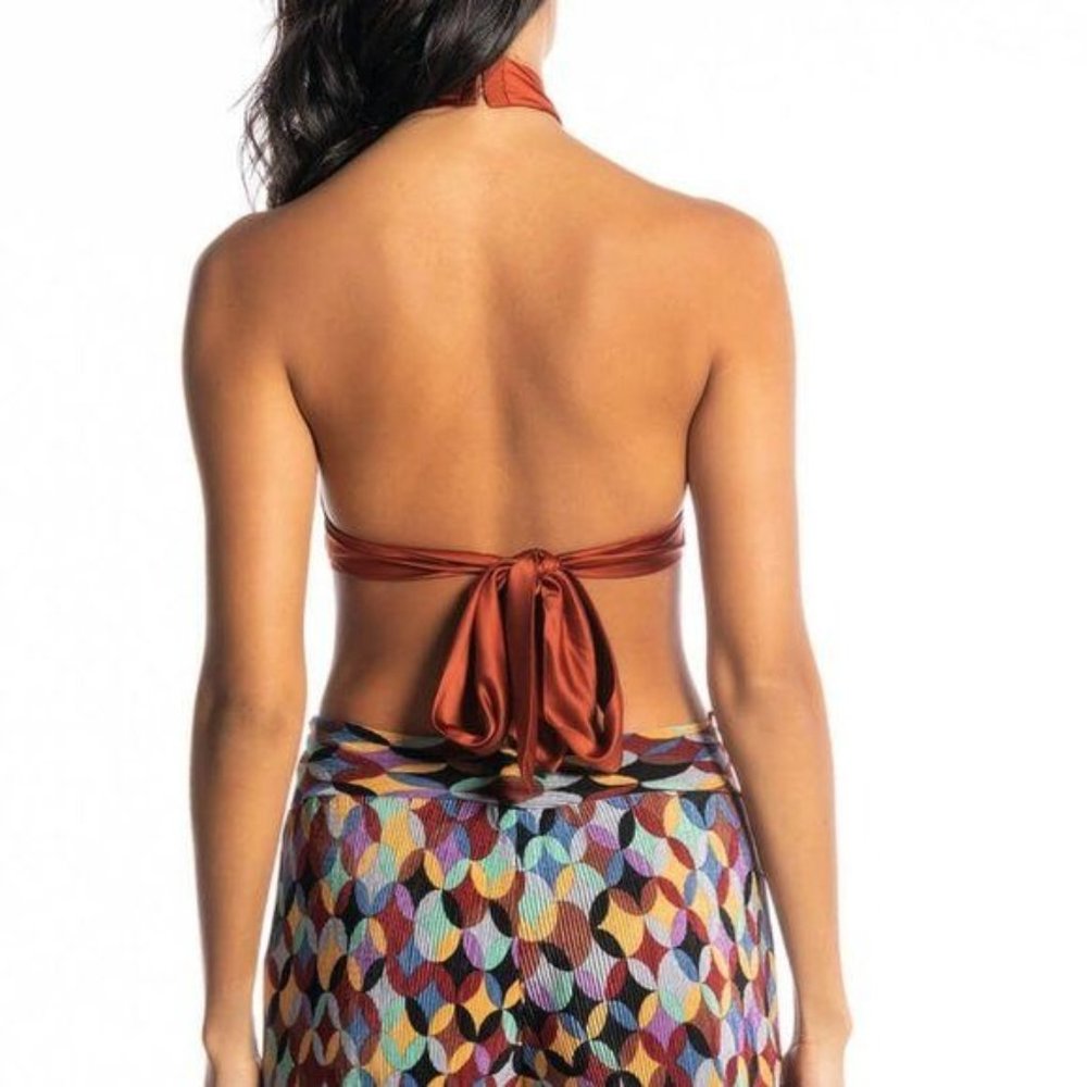 Calle CopperTone: Shoulders Out Tied & Knotted Satin Apron Halter Top SM LXL - Picture 7 of 9